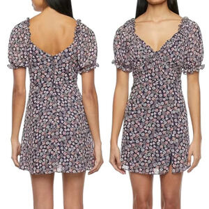B. Smart Navy and Blush Off the Shoulder Fit and Flare Floral Print Mini Dress